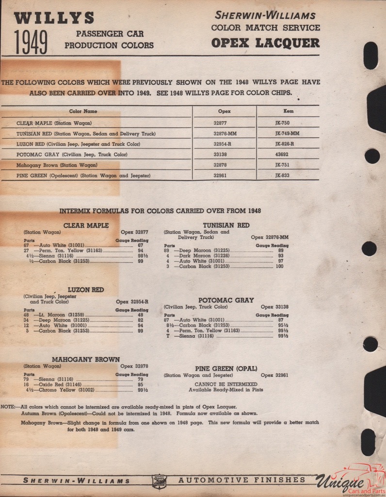 1949 Willys Paint Charts Williams 2